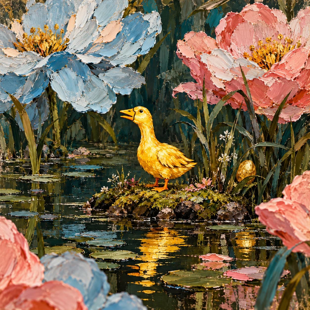 Oil painting: a tiny Golden Goose on an island among enormous blue and pink flowers, an egg hidden in the reeds.