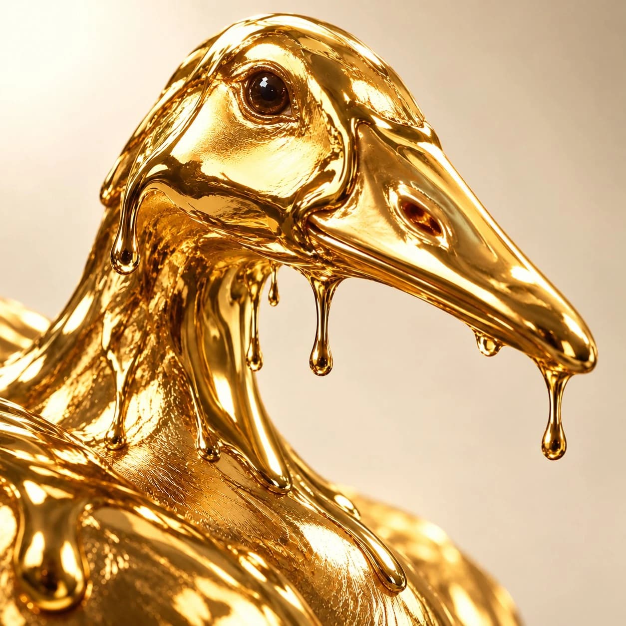 A goose head cast in liquid gold, drops falling from its beak.
